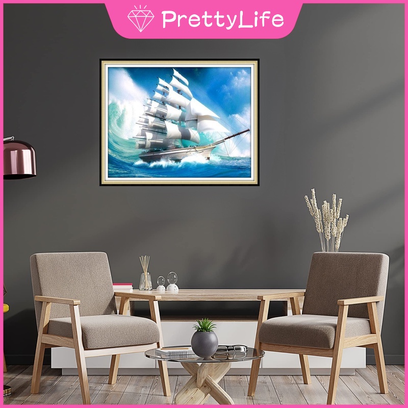 Bộ Tranh Đính Đá 5D Tự Làm 50X40Cm Hình Thuyền Buồm Trang Trí Nhà Cửa