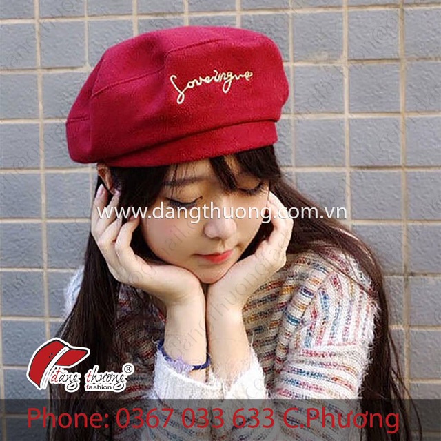 Mũ nồi nỉ dạ beret thêu chỉ ánh kim LOVING màu xanh đen/ đỏ/ đen