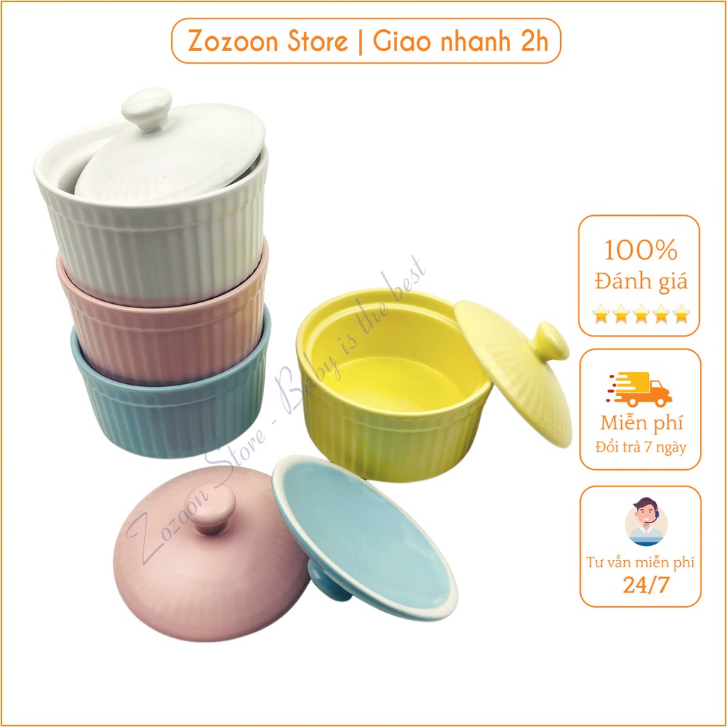 Bát ăn dặm cho bé, bát ăn dặm gốm sứ hình nồi Ramenkin có nắp 150ml - Zozoon Store