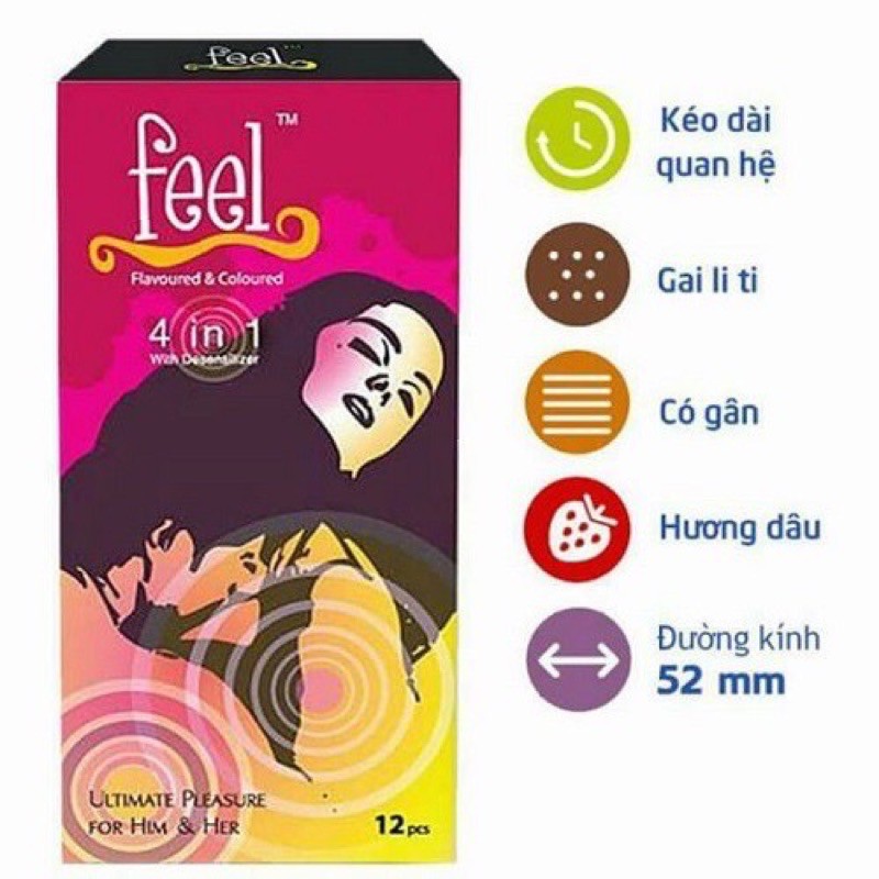 Bao Cao Su Feel 4IN1 Bi Gai  Kéo Dài Thời Gian Quan Hệ - Hộp 12Bcs