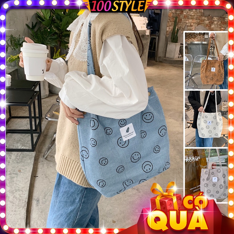 Túi Tote Vải Nhung Gân Tăm Mặt Cười 2 Lớp Kiểu Hàn