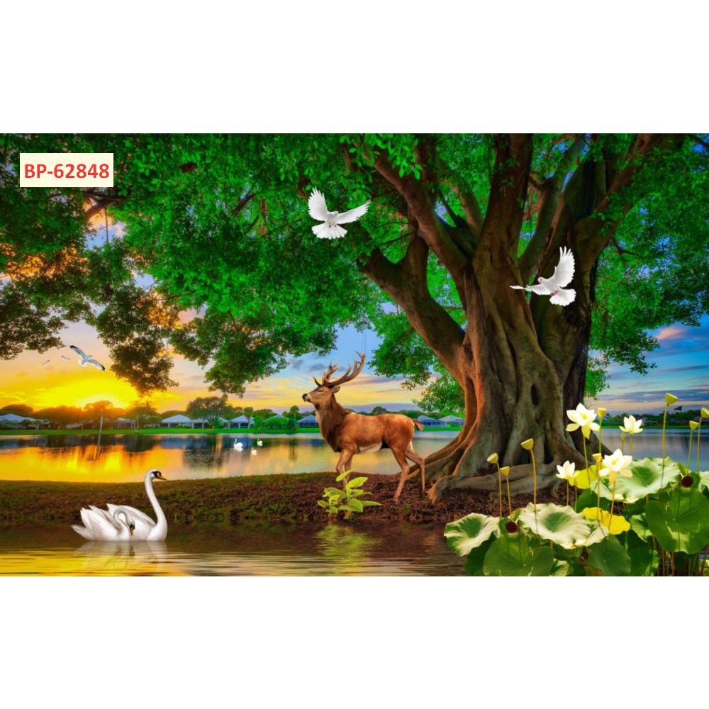 Tranh vải lụa dán tường phong cảnh thiên nhiên khu vườn nên thơ như truyện cổ tích phòng khách, phòng ăn, phòng ngủ