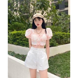 Set croptop hoa cúp ngực đan dây+ short