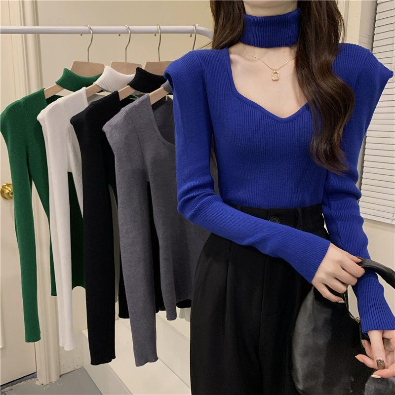 Áo sweater Cổ Lọ Tay Dài Dáng Ôm Màu Xanh Dương Phong Cách Hàn Quốc Thời Trang Mùa Xuân 2022 Mới
