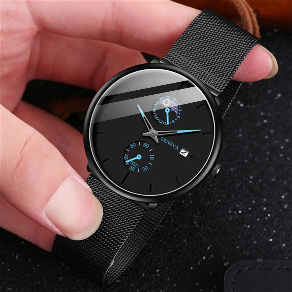Đồng hồ nam dây lưới chính hãng GENEVA thời trang cao cấp kim dạ quang có lịch ngày | BigBuy360 - bigbuy360.vn