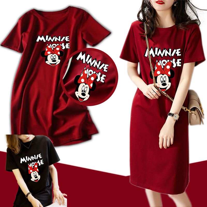 Đầm Thun Tay Ngắn Cổ Tròn Dáng Rộng In Hình Chuột Mickey Thời Trang Mùa Hè Hàn Quốc Cho Nữ