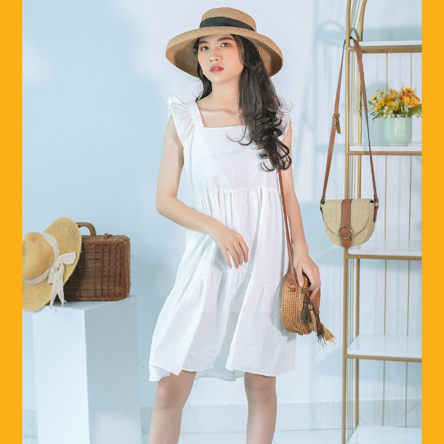 Váy babydoll đũi dáng dài cổ vuông cánh tiên 3 màu trắng nâu be hàng cao cấp | BigBuy360 - bigbuy360.vn