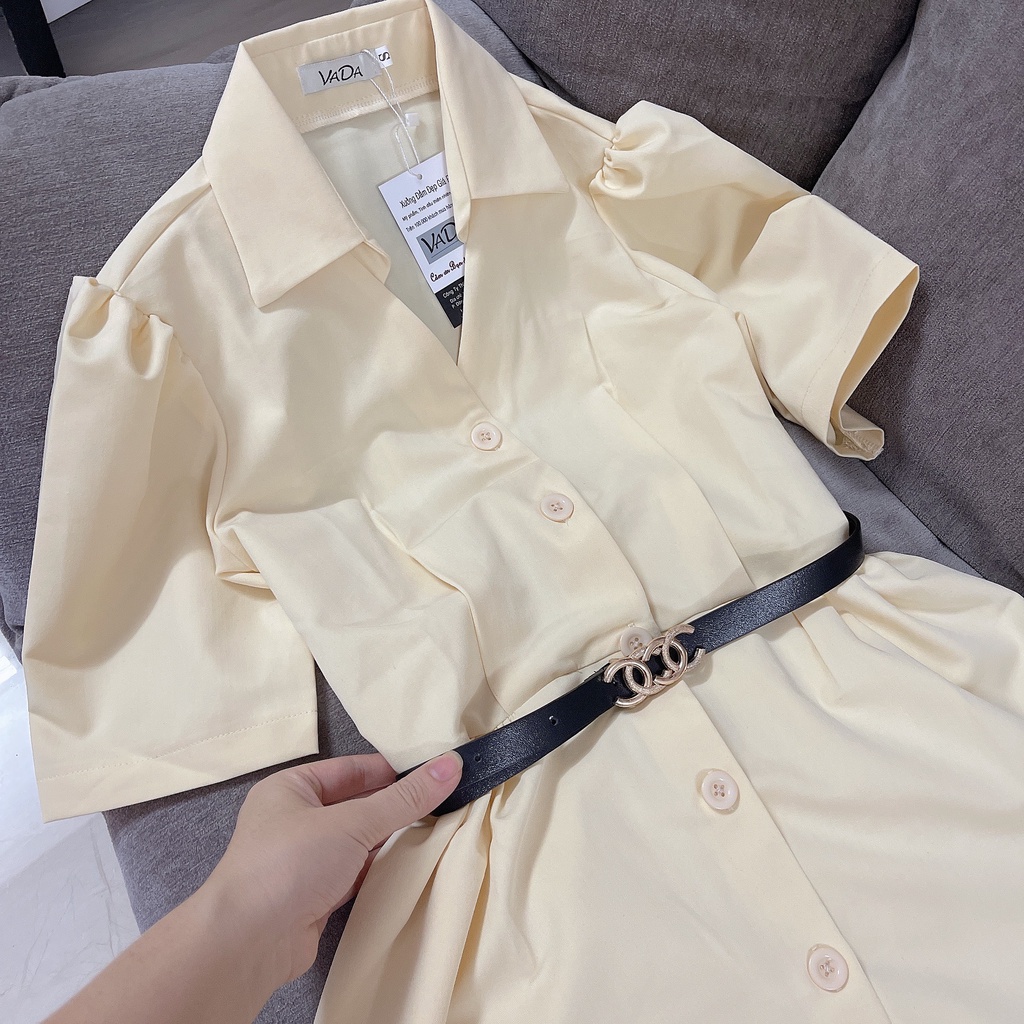 Váy Sơ Mi Đầm Công Sở Dự Tiệc Nữ Dáng Dài Thắt Eo Xòe Vintage Tay Ngắn Thiết Kế Cao Cấp Hàn Quốc Thời Trang VADA (Đ33)