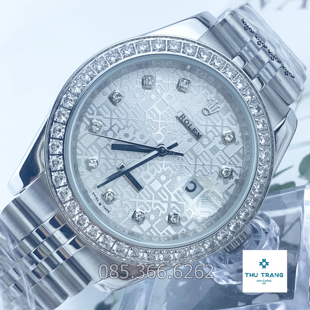 Đồng hồ nam Rolex cơ Automatic máy Nhật mẫu Classic mặt 3D trắng viền đá dây thép trắng size 40-41mm
