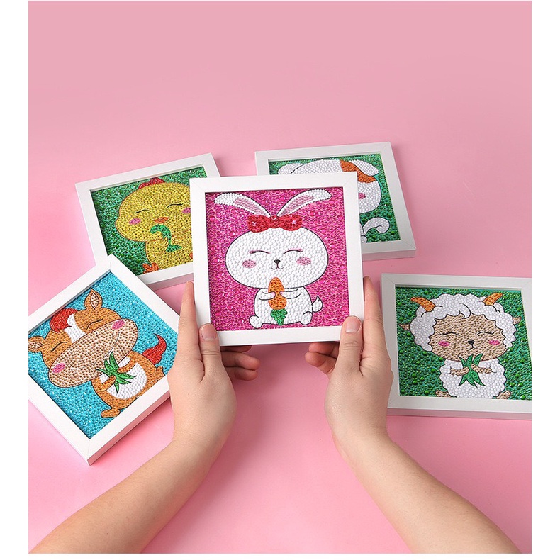 Bộ tranh đính đá 12 con giáp dễ thương kèm khung để bàn, Tranh đính hạt đá 5D tự làm cho bé