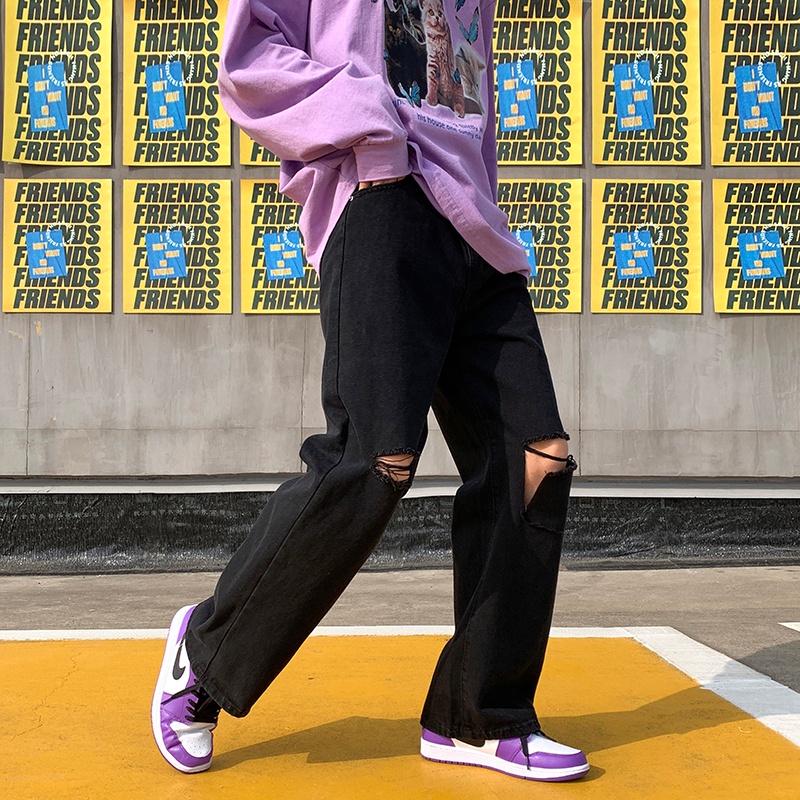 Quần jean nam ống rộng đen rách tam giác  phong cách