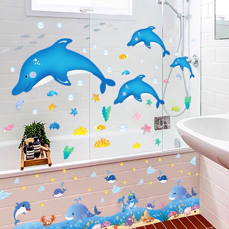 Combo 2 tấm decal dán tường đàn cá heo, sẵn keo dán