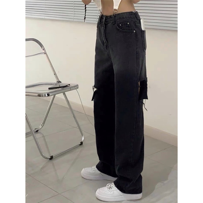 QUẦN JEAN ỐNG RỘNG - Suông Dài Lưng Siêu Cao - RÁCH TO L SOLE TRƯỚC SAU
