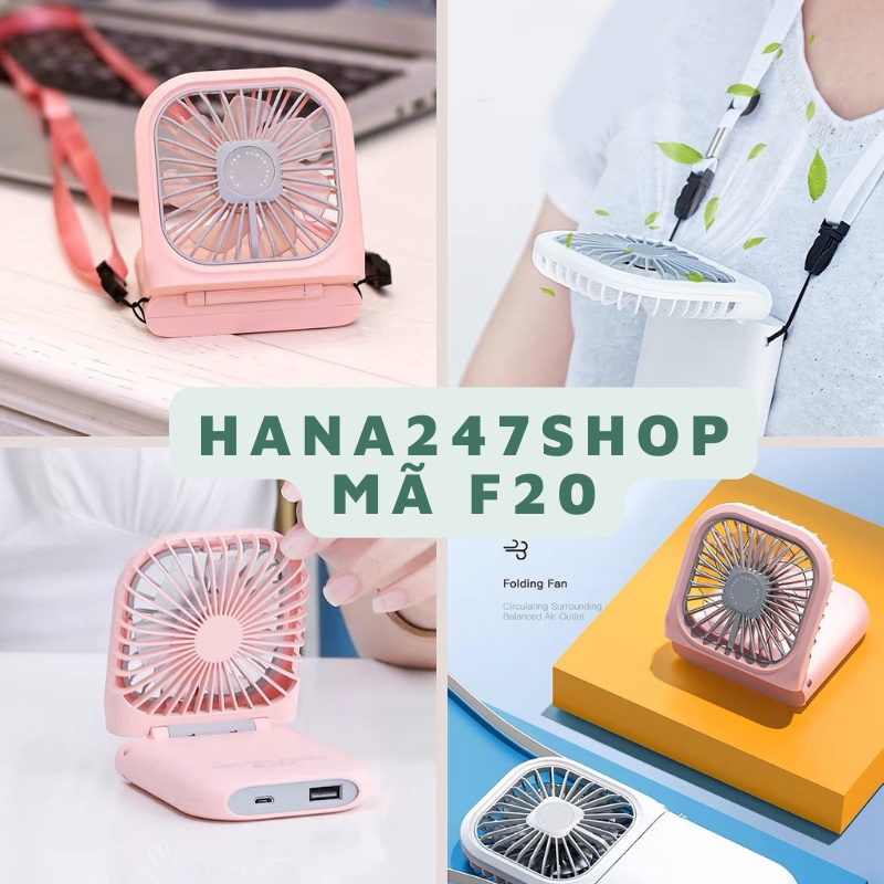 Quạt mini đeo cổ đa năng: có thể để bàn, đỡ điện thoại, kèm sạc dự phòng, thích hợp mang đi du lịch