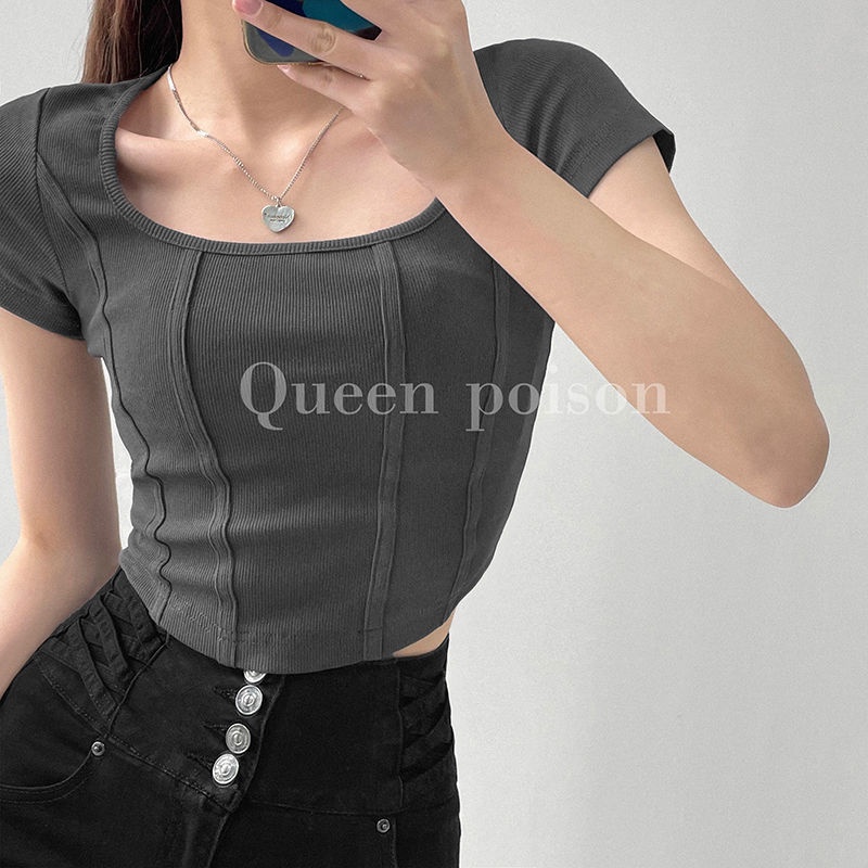 Áo thun COZOK tay ngắn cổ vuông thiết kế ôm phong cách cổ điển thời trang