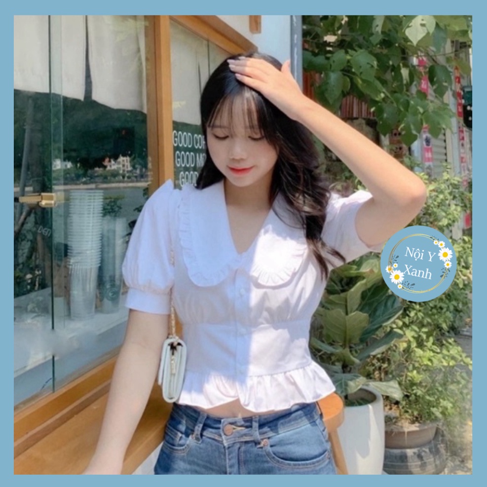 Áo sơ mi nữ cộc tay thiết kế kiểu phong cách nhẹ nhàng_087 chất mát, phom đẹp, nội y xanh