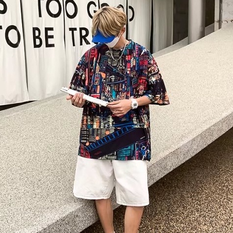 ✦AFFLIGA✦Áo Thun Tay Ngắn Cổ Tròn Dáng Rộng In Họa Tiết Phong Cách Hip hop Thời Trang Mùa Hè Cho Nam Và Nữ