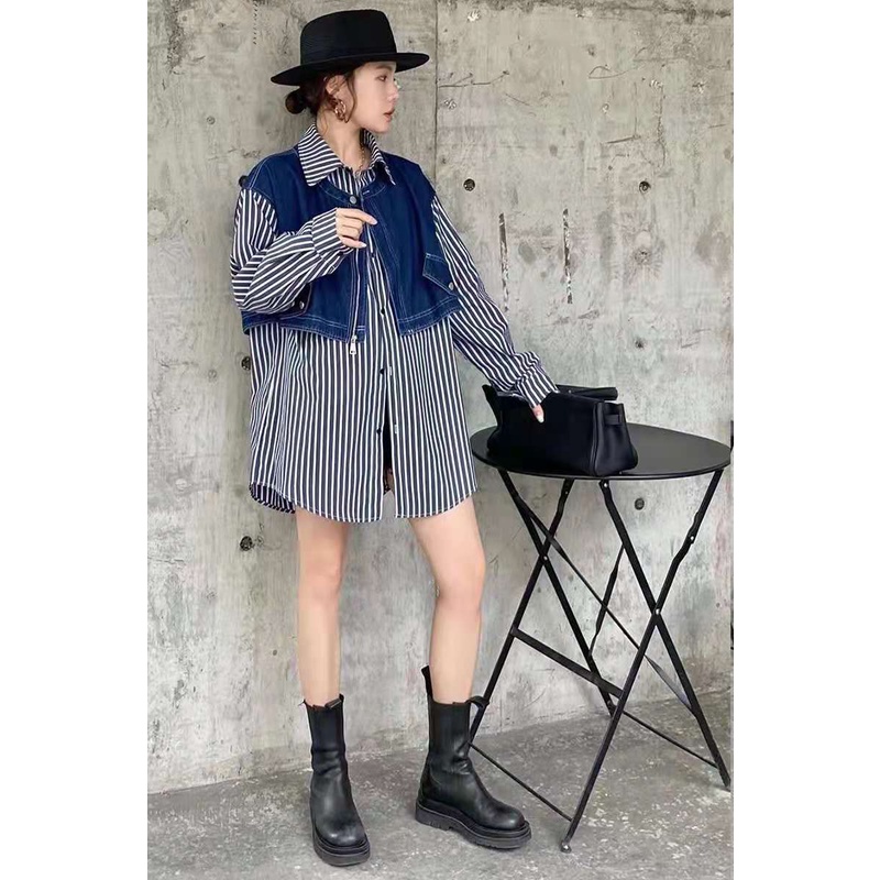 IELGY Áo sơ mi tay dài họa tiết kẻ sọc phong cách retro hong kong cho nữ