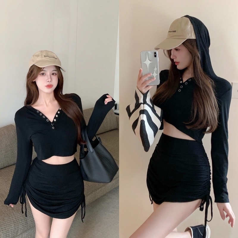 Set Áo Thun Có Mũ Croptop Mix Chân Váy Rút Dây Cá Tính Có Ảnh Thật Kèm Video