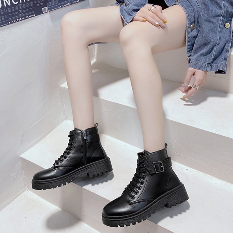 Giày bốt da IELGY cổ cao mũi tròn buộc dây phối khóa kéo màu đen sành điệu cho nữ