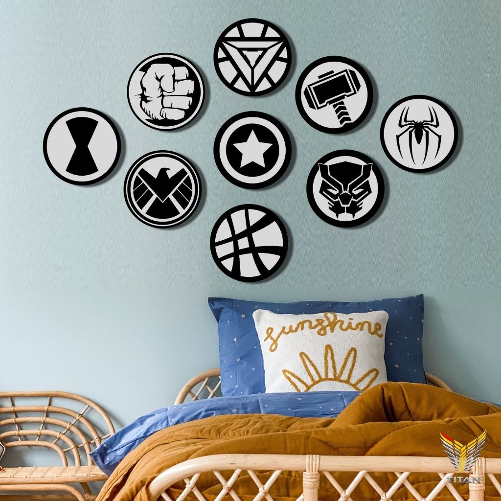 Bộ tranh dán tường 9 biểu tượng Marvel, chất liệu Fomex, tranh decor trang trí nhà cửa, phòng ngủ