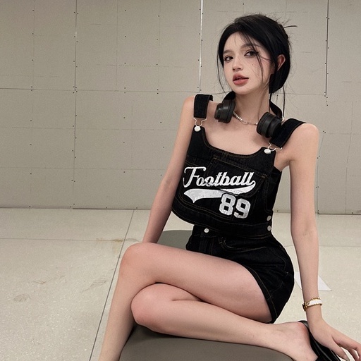 Set Áo Thun In Chữ + Chân Váy Denim Lưng Cao Phong Cách Hàn Quốc Thời Trang Cho Nữ