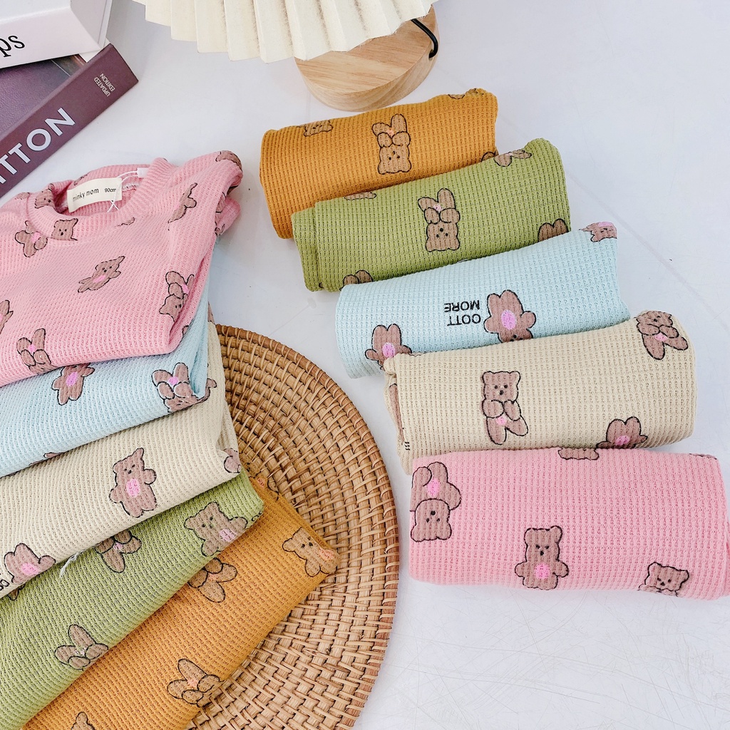 Bộ dài tay thu đông cho bé trai bé gái 8-18kg, vải tổ ong cao cấp, họa tiết Chú Gấu ngộ nghĩnh - BO101