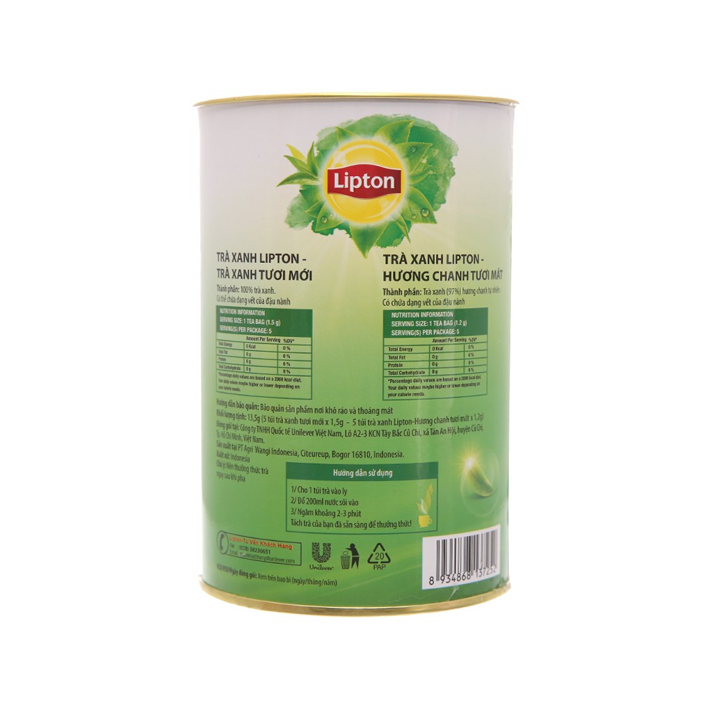 Trà xanh Lipton bung tỏa hương chanh ống mini 13.5g