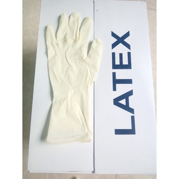 01 ki-lô-gam (tay dài ) găng tay ( loại tay dày và dài nhất) y tế Latex có bột và không bột loại dày 0.11 MM , dài 29 cm