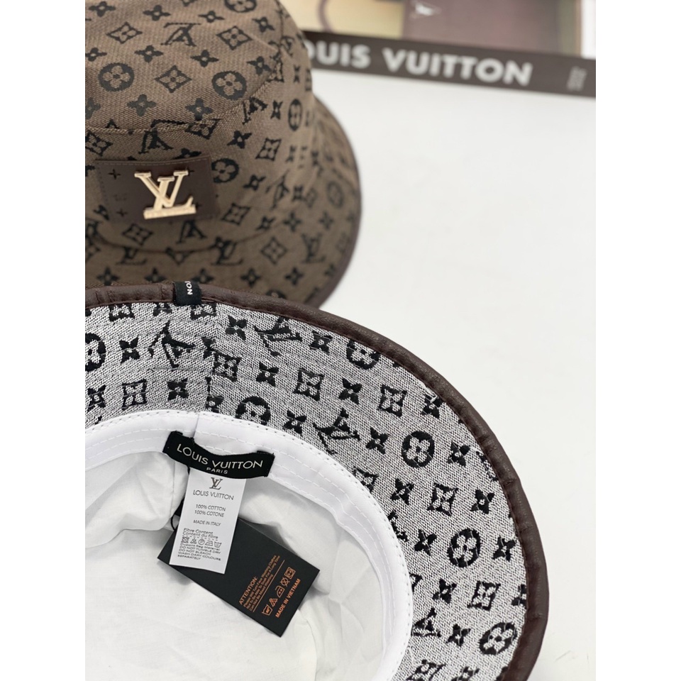 NÓN BUCKET LV TAG DA LOGO VÀNG VIỀN DA - TXGS N316