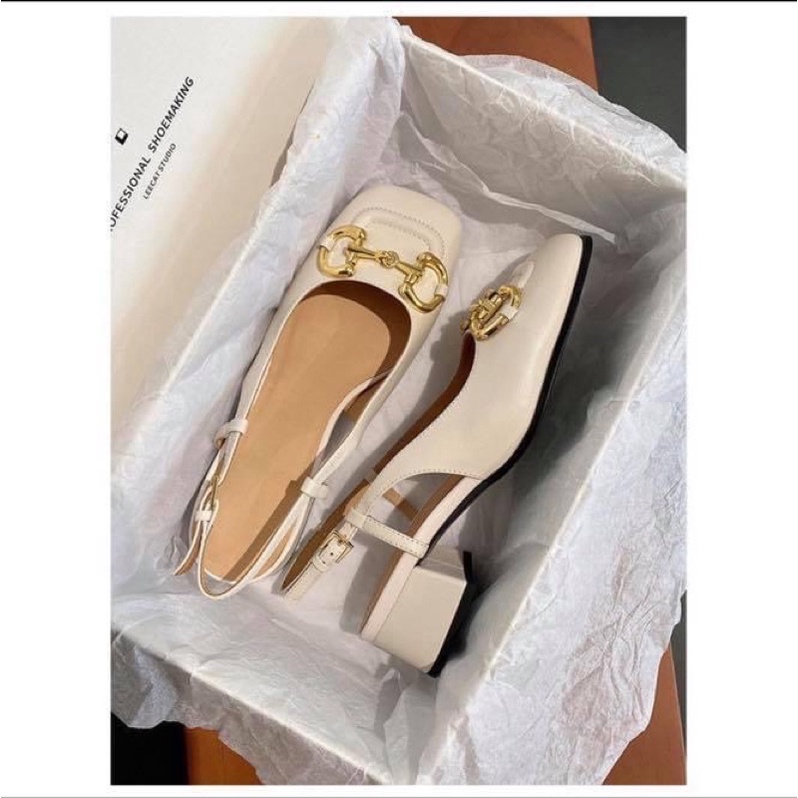 Giày sandal cao gót nữ bít mũi in chữ gót vuông dây quai ôm chân - Order