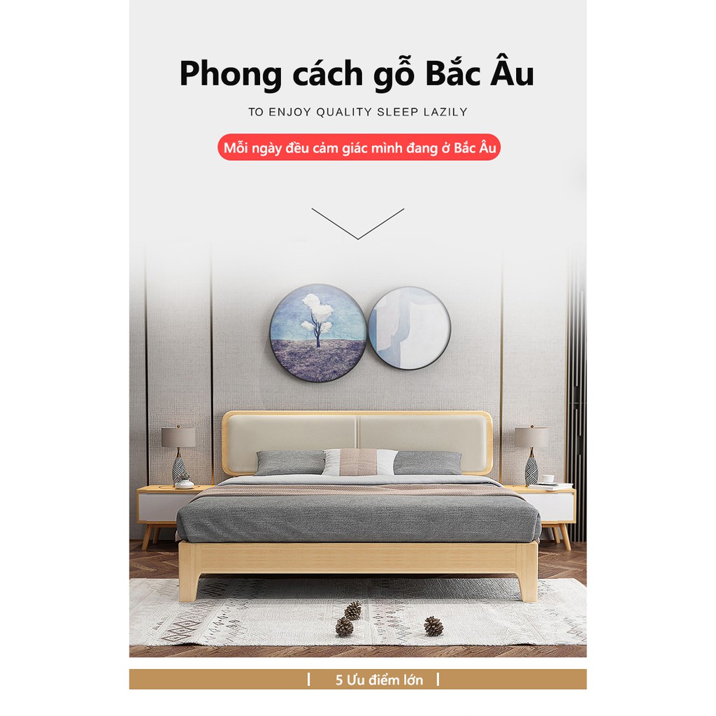 Giường đôi 1.8m nội thất phòng ngủ bằng gỗ không độc hại độ bền cao phong cách Bắc Âu FU328