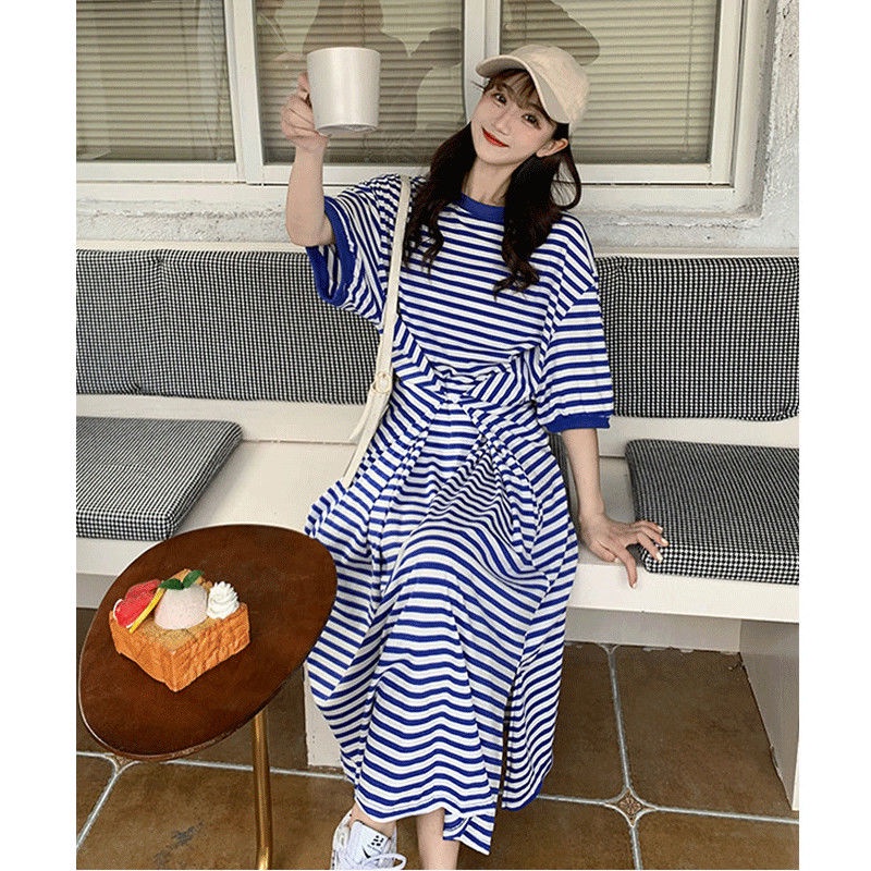 COZOK Đầm Tay Ngắn Dáng Rộng Họa Tiết Kẻ Sọc Plus Size