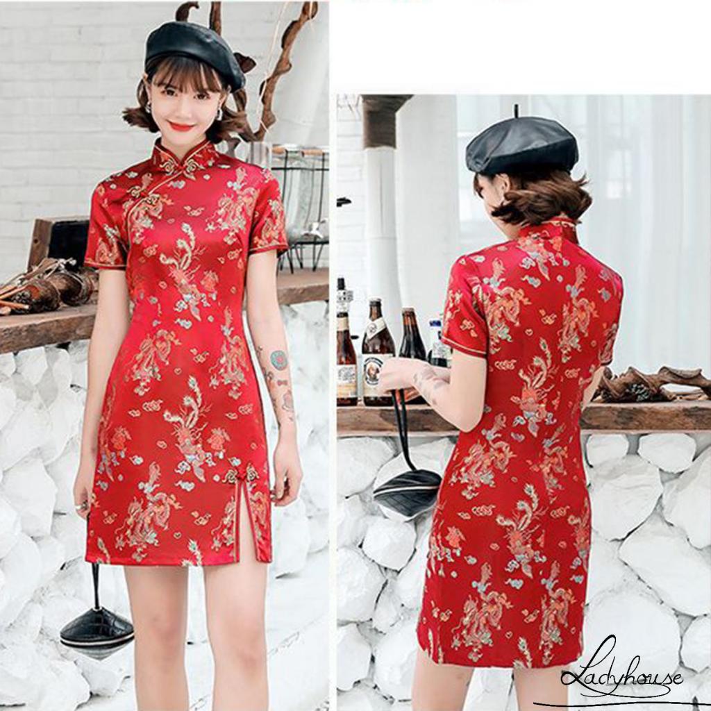 Đầm sườn xám tay ngắn xẻ tà in hình chim phượng hoàng phong cách Trung Hoa cổ điển thời trang cho nữ