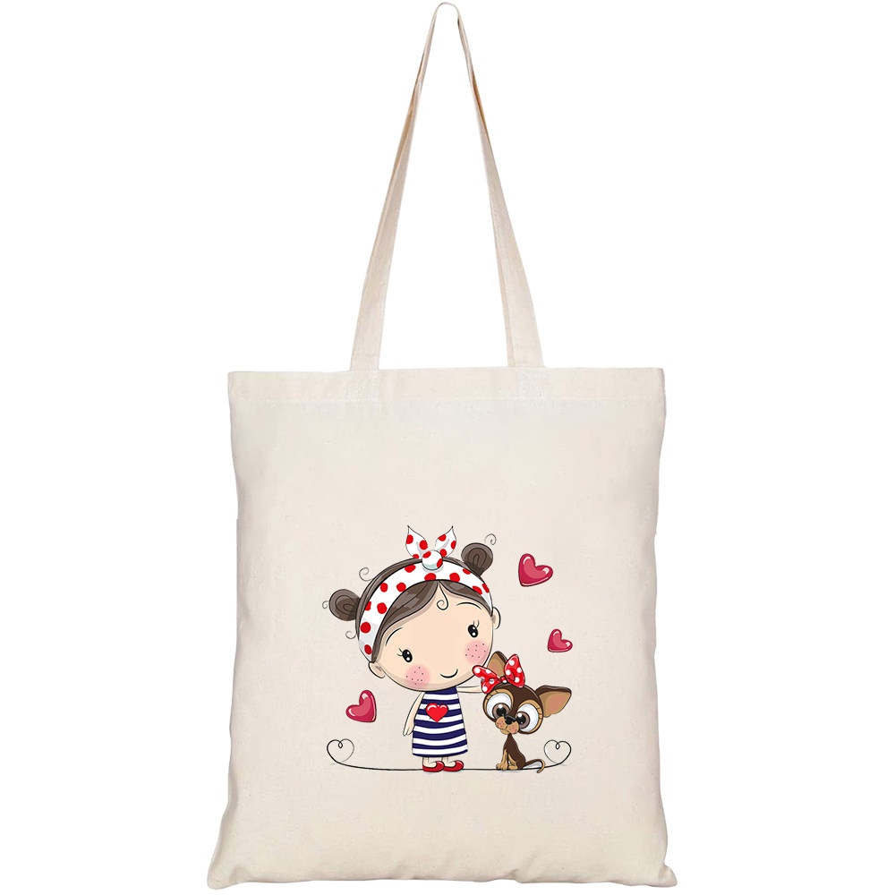 Túi vải tote canvas HTFashion in hình cute cartoon puppy girl striped HT552