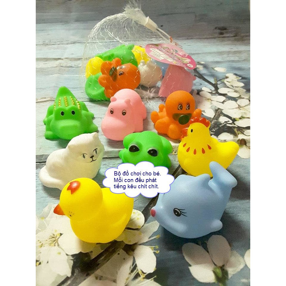 Đồ Chơi set 10 con thú thả chậu tắm có kèn Kêu Chíp Chíp Cho Bé túi lưới