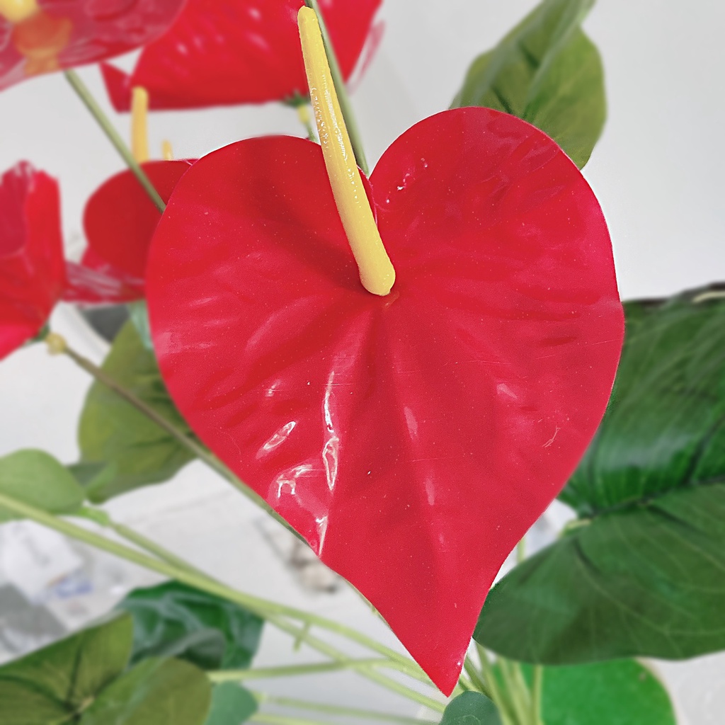 Cây Giả - Cây Hoa Hồng Môn Yến Lớn 8 Đầu Hoa Đỏ &amp; Lá - Cây Giả Trang Trí Nhà Cửa Lizflower