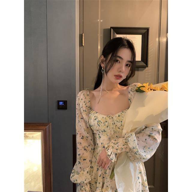 🎀váy babydoll Đầm Chiffon Cổ Vuông Tay Dài In Họa Tiết Hoa Nhí Xinh Xắn Thời Trang Kiểu Pháp Cho Nữ 2021