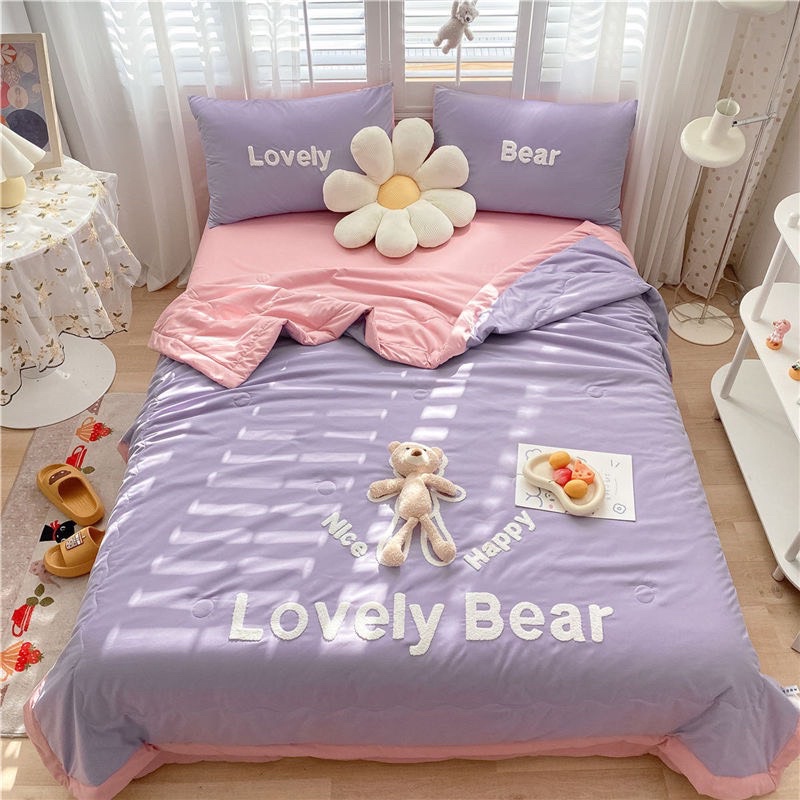 Set Chăn Ga Cotton Đũi Đính Gấu Dễ Thương,Nhiều Màu Sắc ( Chăn chần bỏng mỏng) - shinbedding