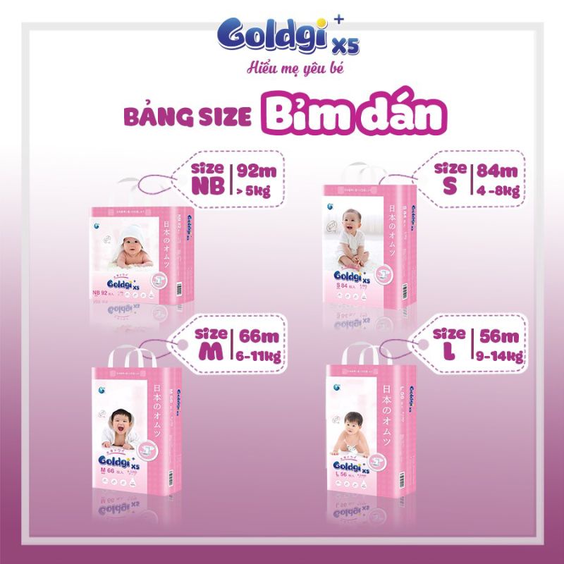 Bỉm Goldgi x5 dán/quần đủ size Nb92/S84/M66/M60/L56/L48/XL46/XL44/XXL32