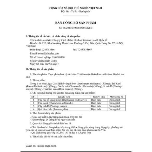 TRÀ HỖ TRỢ TIÊU HOÁ THANH NHIỆT BAIKAL N5 Siberi