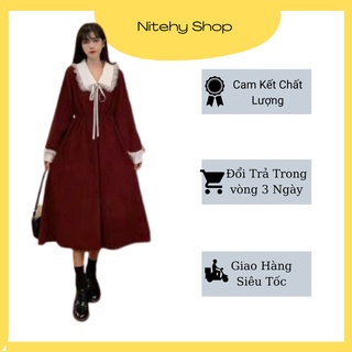 Váy đầm nữ màu đỏ xòe dự tiệc dài tay phối cổ ren vintage kiểu dáng đẹp sành điệu hàng Quảng Châu NITEHY 3
