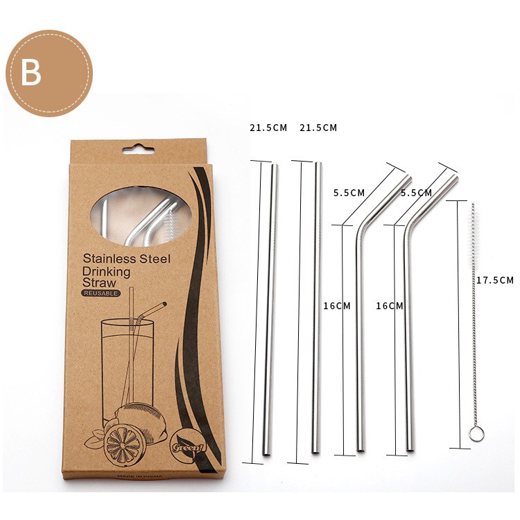 Combo 2 Ống Hút Inox thẳng 2 cong ngắn và 1 cọ rửa Stainless Steel Straws - Thân Thiện Với Môi Trường - Dài 21.5 cm