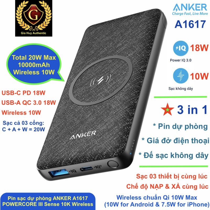 Pin sạc dự phòng KIÊM Đế sạc không dây KIÊM Giá đở điện thoại ANKER PowerCore III Sense 10K Wireless – A1617