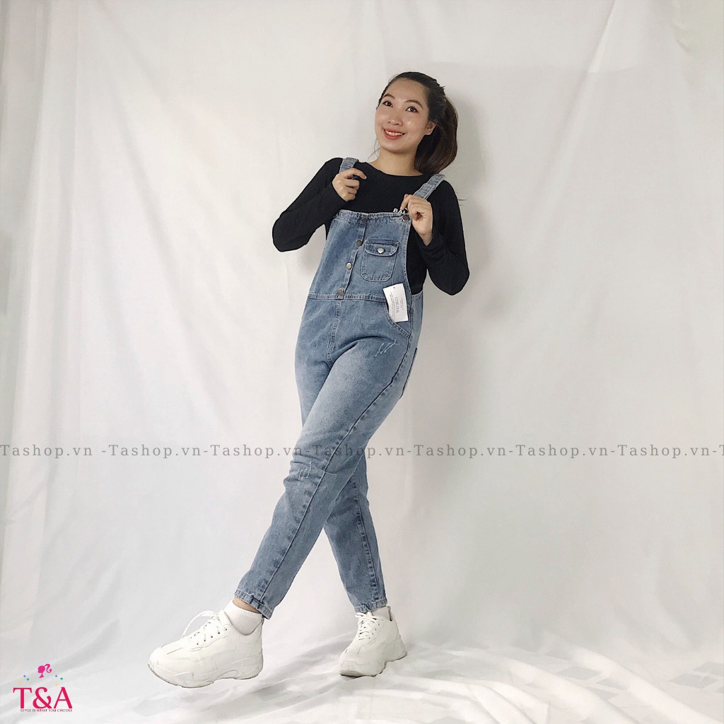 Quần Yếm Jeans Dài Nữ Chất Bò Phối Túi Kèm Cúc Trước Phong Cách Ulzzang Hàn Quốc - Tashopvn 424