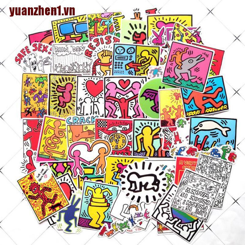 Set 1 / 50 Sticker Keith Haring Chống Thấm Nước Dùng Trang Trí Ván Trượt / Guitar / Laptop