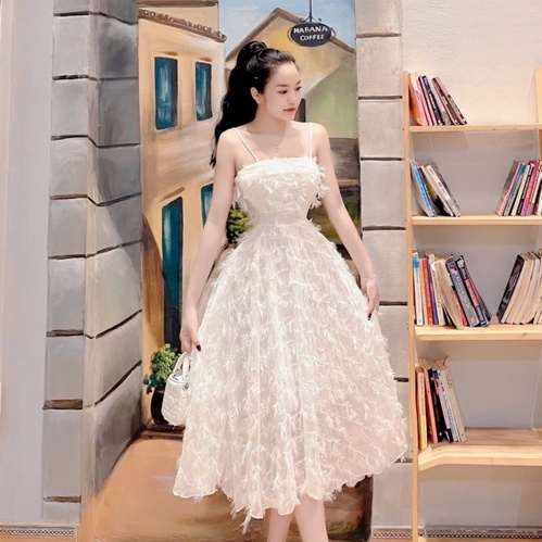Đầm dự tiệc 2 dây LINH RUBI STORE thiết kế dáng maxi xòe dài chất ren lông 2 lớp cao cấp V404