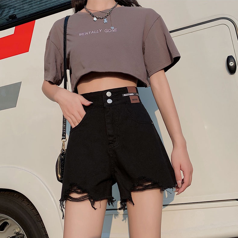 Quần Short Denim Lưng Cao Màu Đen Phong Cách Retro Hàn Quốc Thời Trang Cho Nữ