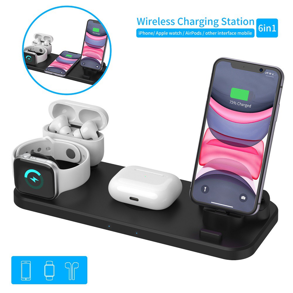 6 IN 1 Qi Wireless Charger For Iphone XS 8 11 Pro Max Fast Charging Cargador Inalambrico For Airpods Pro Apple Watch 5 4 3 2 1