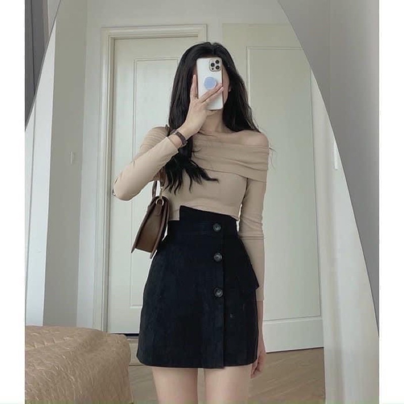 Chân váy nhung tăm khuy lệch siêu hot